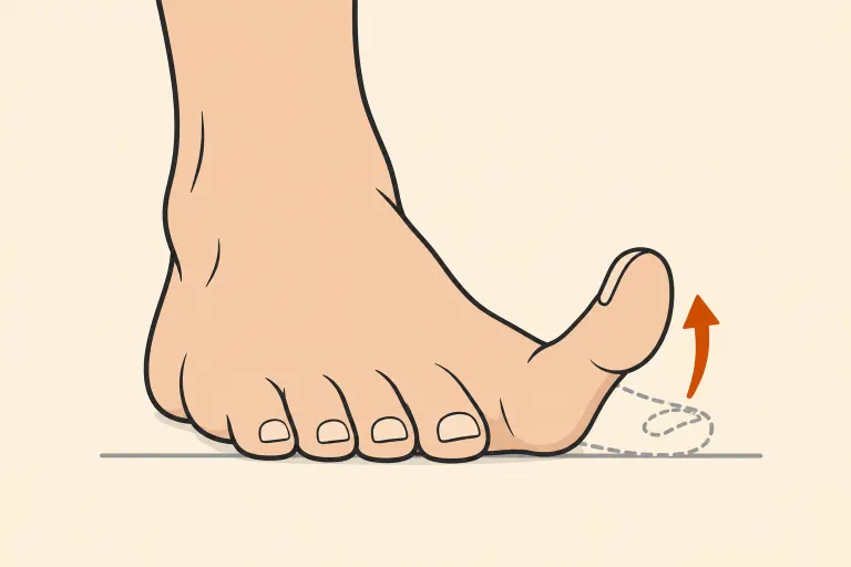 엄지발가락만 위로 들고 나머지 네 발가락은 바닥에 붙인 모습. 점선은 엄지의 시작 자리.